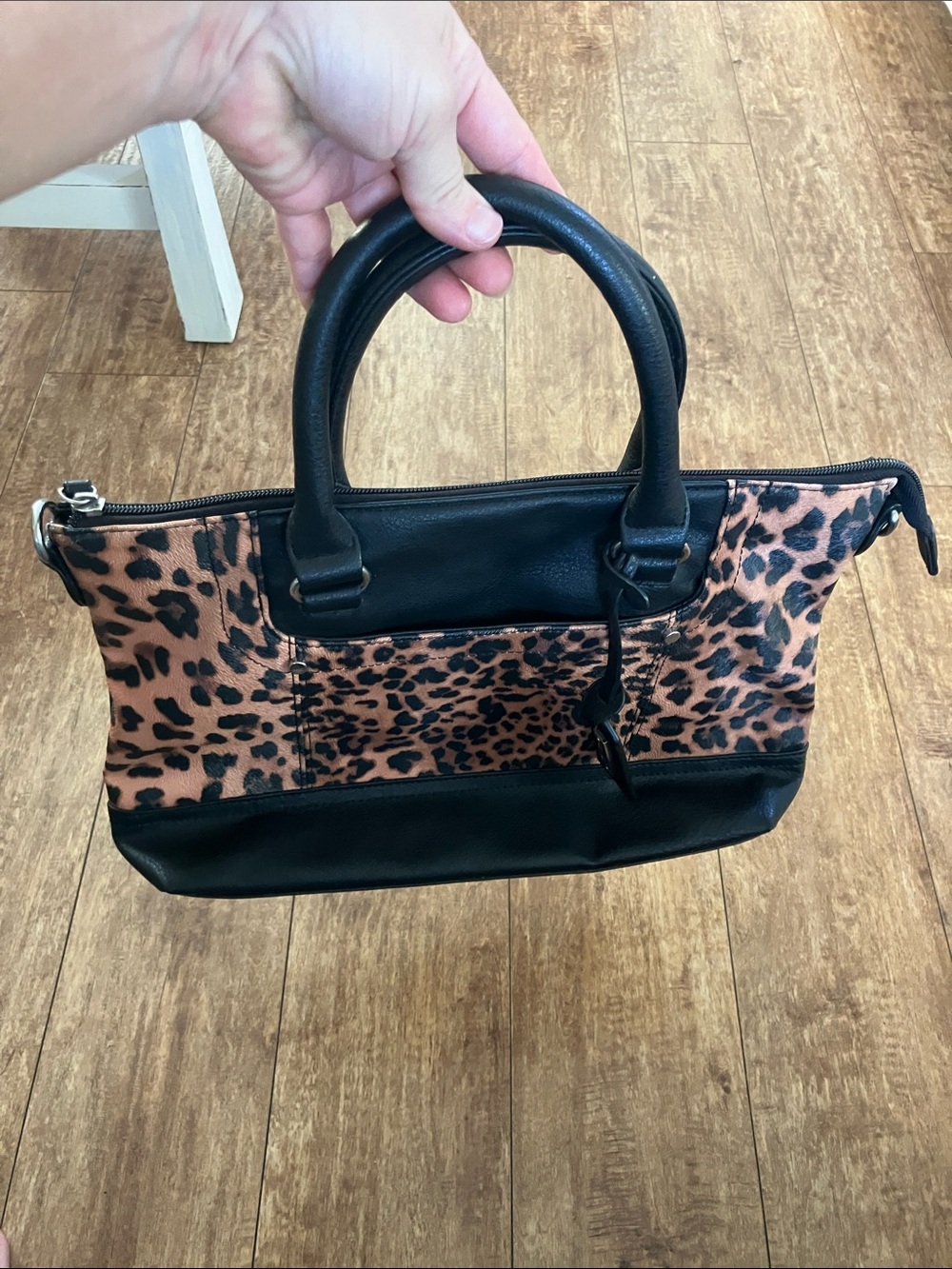 Laura Scott Black and Tan Leopard Satchel Hand Bag